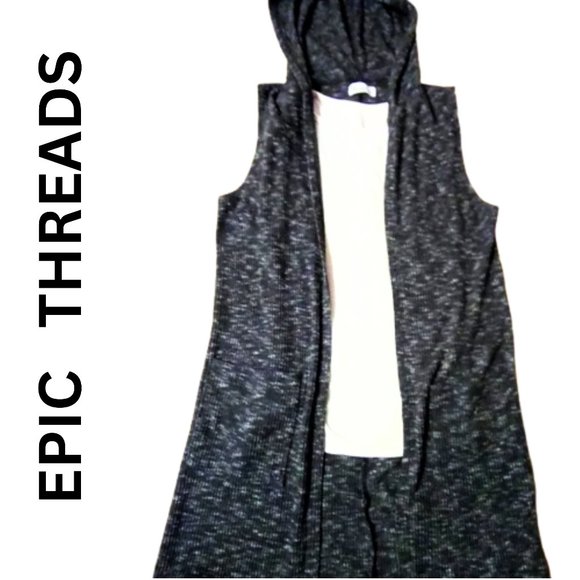 EPIC THREADS - Sleeveless Long Hooded Cardigan in Black Variegated Patte… - Picture 2 of 9